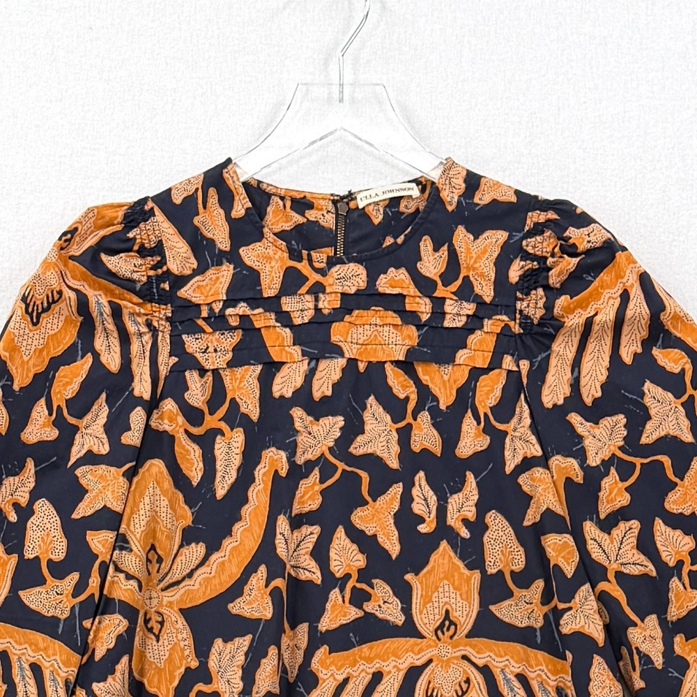 ULLA JOHNSON Gemi Blouse Women 6 Navy Orange Floral Long Sleeve Pleated Cotton - Picture 5 of 13